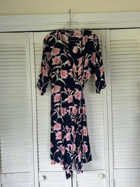 Roxy Black Midi Wrap Dress with Pink Floral Print